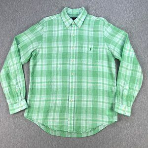 Ralph Lauren Linen Shirt Mens L Long Sleeve Button-Down Classic Fit Green Plaid